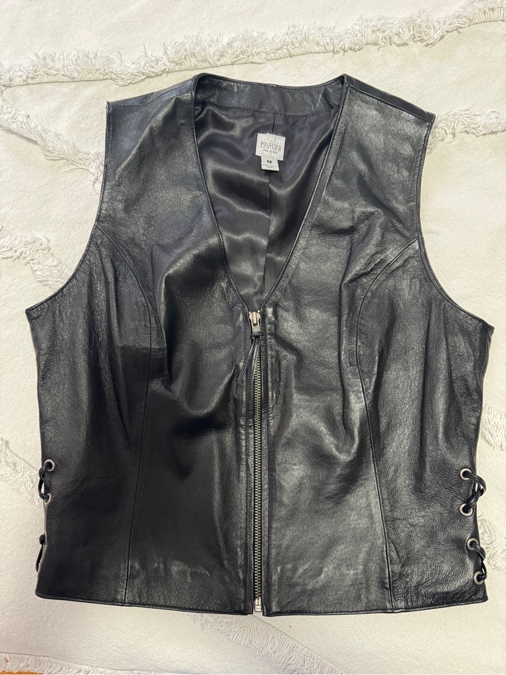 Wilson Black Leather Zip-Front Vest with Side Lace Details